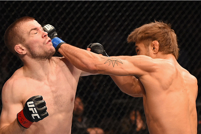 LAS VEGAS, NV - JANUARY 02: (R-L) Masanori Kanehara of Japan punches Michael McDonald in their bantamweight bout during the UFC 195 event inside MGM Grand Garden Arena on January 2, 2016 in Las Vegas, Nevada. (Photo by Josh Hedges/Zuffa LLC/Zuffa LLC vi