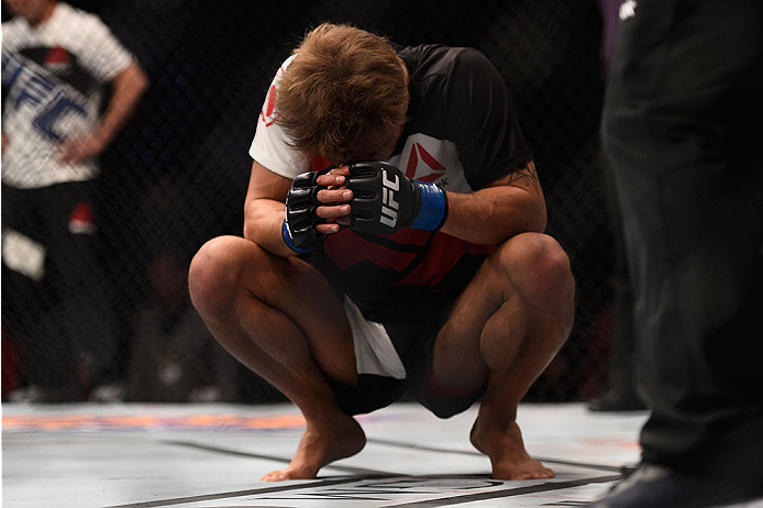 LAS VEGAS, NV - JANUARY 02: Masanori Kanehara of Japan reacts to his loss to Michael McDonald in their bantamweight bout during the UFC 195 event inside MGM Grand Garden Arena on January 2, 2016 in Las Vegas, Nevada. (Photo by Jeff Bottari/Zuffa LLC/Zuf