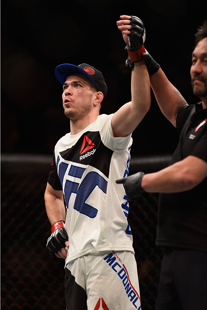 LAS VEGAS, NV - JANUARY 02: Michael McDonald reacts to his victory over Masanori Kanehara of Japan in their bantamweight bout during the UFC 195 event inside MGM Grand Garden Arena on January 2, 2016 in Las Vegas, Nevada. (Photo by Jeff Bottari/Zuffa LLC