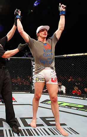 LONDON, ENGLAND - FEBRUARY 16: Matthew Riddle reacts after defeating Che Mills in their welterweight fight during the UFC on Fuel TV event on February 16, 2013 at Wembley Arena in London, England. (Photo by Josh Hedges/Zuffa LLC/Zuffa LLC via Getty Imag
