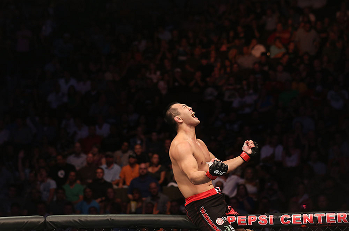DENVER, CO - AUGUST 11: Yushin Okami reacts after defeating Buddy Roberts during their middleweight bout at UFC 150 inside Pepsi Center on August 11, 2012 in Denver, Colorado. (Photo by Nick Laham/Zuffa LLC/Zuffa LLC via Getty Images)