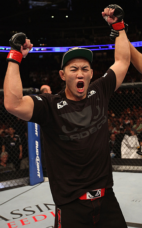 DENVER, CO - AUGUST 11: Yushin Okami reacts after defeating Buddy Roberts during their middleweight bout at UFC 150 inside Pepsi Center on August 11, 2012 in Denver, Colorado. (Photo by Nick Laham/Zuffa LLC/Zuffa LLC via Getty Images)