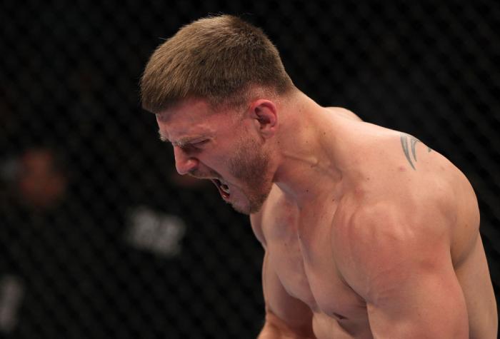 OMAHA, NE - FEBRUARY 15: Stipe Miocic reacts after knocking out Phil De Fries during the UFC on FUEL TV event at Omaha Civic Auditorium on February 15, 2012 in Omaha, Nebraska. (Photo by Josh Hedges/Zuffa LLC/Zuffa LLC via Getty Images) *** Local Captio