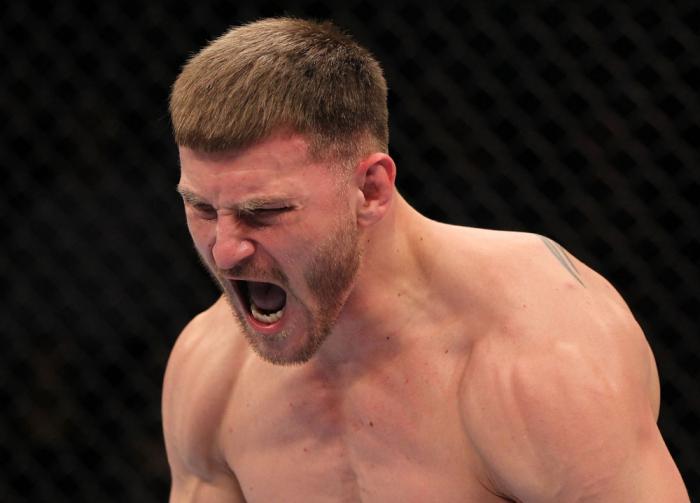 OMAHA, NE - FEBRUARY 15: Stipe Miocic reacts after knocking out Phil De Fries during the UFC on FUEL TV event at Omaha Civic Auditorium on February 15, 2012 in Omaha, Nebraska. (Photo by Josh Hedges/Zuffa LLC/Zuffa LLC via Getty Images) *** Local Captio