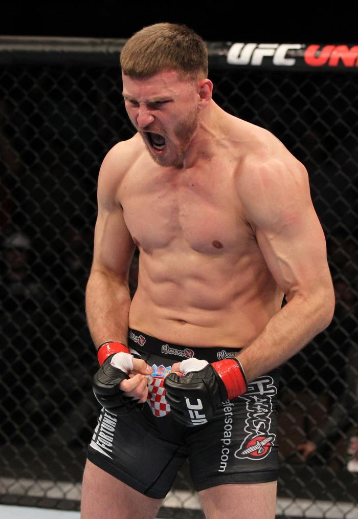 OMAHA, NE - FEBRUARY 15: Stipe Miocic reacts after knocking out Phil De Fries during the UFC on FUEL TV event at Omaha Civic Auditorium on February 15, 2012 in Omaha, Nebraska. (Photo by Josh Hedges/Zuffa LLC/Zuffa LLC via Getty Images) *** Local Captio
