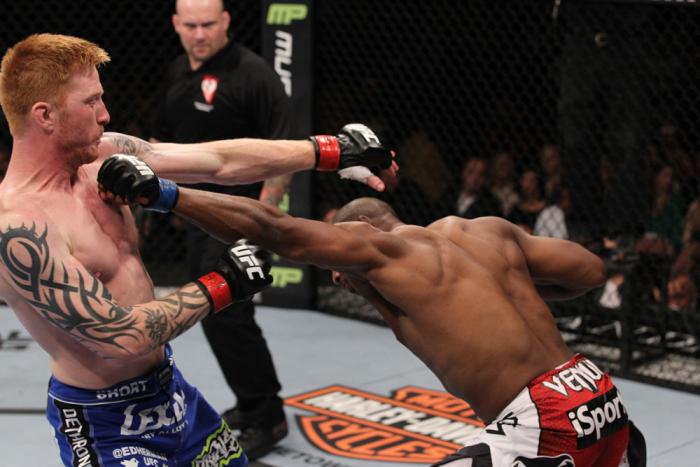 LAS VEGAS, NV - FEBRUARY 04: Clifford Starks (right) punches Ed Herman during the UFC 143 event at Mandalay Bay Events Center on February 4, 2012 in Las Vegas, Nevada. (Photo by Nick Laham/Zuffa LLC/Zuffa LLC via Getty Images) *** Local Caption *** Clif