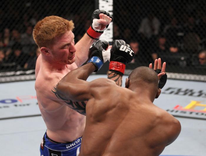 LAS VEGAS, NV - FEBRUARY 04: Ed Herman (left) punches Clifford Starks during the UFC 143 event at Mandalay Bay Events Center on February 4, 2012 in Las Vegas, Nevada. (Photo by Nick Laham/Zuffa LLC/Zuffa LLC via Getty Images) *** Local Caption *** Ed He