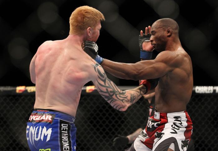 LAS VEGAS, NV - FEBRUARY 04: Ed Herman (left) punches Clifford Starks during the UFC 143 event at Mandalay Bay Events Center on February 4, 2012 in Las Vegas, Nevada. (Photo by Josh Hedges/Zuffa LLC/Zuffa LLC via Getty Images) *** Local Caption *** Ed H