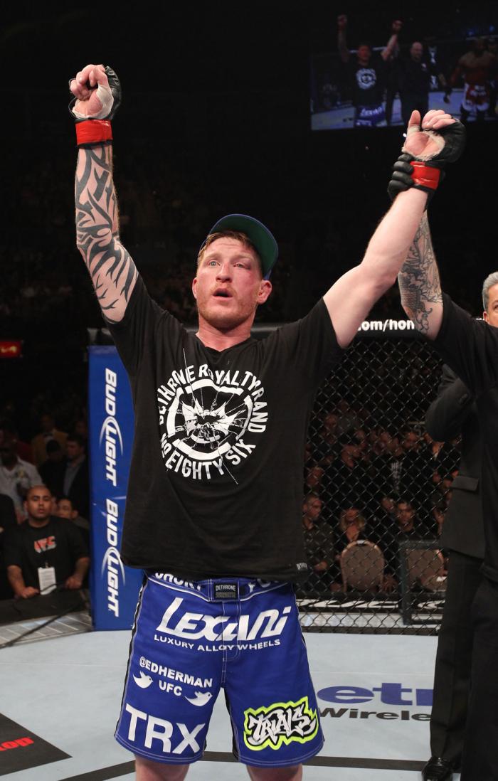 LAS VEGAS, NV - FEBRUARY 04: Ed Herman is declared the winner in his fight against Clifford Starks during the UFC 143 event at Mandalay Bay Events Center on February 4, 2012 in Las Vegas, Nevada. (Photo by Nick Laham/Zuffa LLC/Zuffa LLC via Getty Images