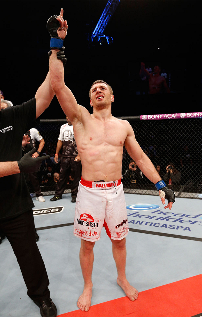 BELO HORIZONTE, BRAZIL - SEPTEMBER 04: Piotr Hallmann reacts after his submission victory over Francisco Trinaldo in their lightweight fight during the UFC on FOX Sports 1 event at Mineirinho Arena on September 4, 2013 in Belo Horizonte, Brazil. (Photo b