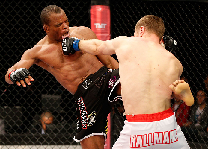 BELO HORIZONTE, BRAZIL - SEPTEMBER 04: (R-L) Piotr Hallmann and Francisco Trinaldo trade strikes in their lightweight fight during the UFC on FOX Sports 1 event at Mineirinho Arena on September 4, 2013 in Belo Horizonte, Brazil. (Photo by Josh Hedges/Zuf