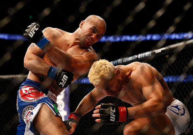 ANAHEIM, CA - FEBRUARY 23: (L-R) Robbie Lawler punches Josh Koscheck in their welterweight bout during UFC 157 at Honda Center on February 23, 2013 in Anaheim, California. (Photo by Josh Hedges/Zuffa LLC/Zuffa LLC via Getty Images) *** Local Caption ***