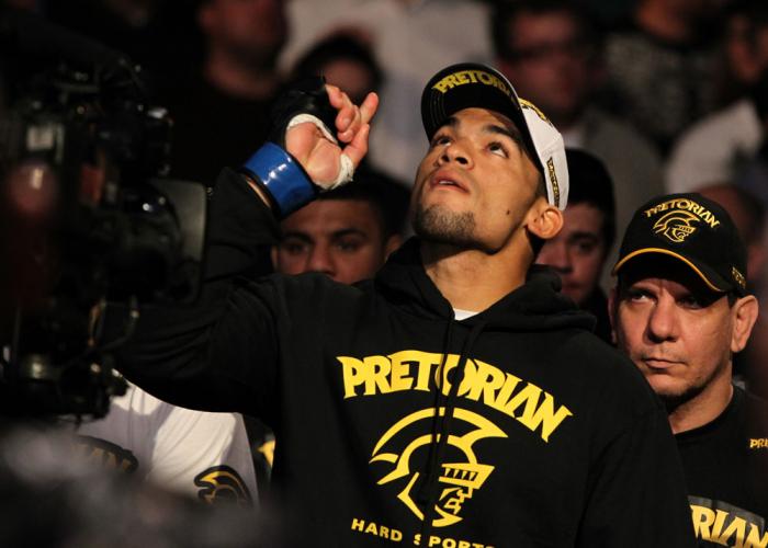 OMAHA, NE - FEBRUARY 15: Ronny Markes enters the arena before his bout against Aaron Simpson during the UFC on FUEL TV event at Omaha Civic Auditorium on February 15, 2012 in Omaha, Nebraska. (Photo by Josh Hedges/Zuffa LLC/Zuffa LLC via Getty Images) *