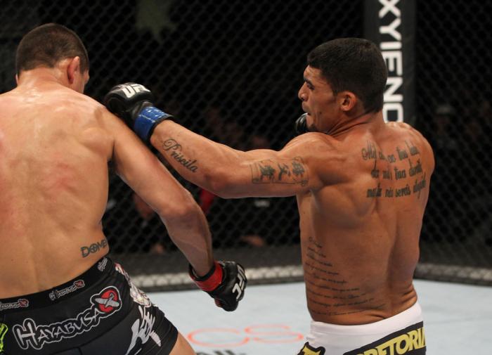 OMAHA, NE - FEBRUARY 15: (R-L) Ronny Markes punches Aaron Simpson during the UFC on FUEL TV event at Omaha Civic Auditorium on February 15, 2012 in Omaha, Nebraska. (Photo by Josh Hedges/Zuffa LLC/Zuffa LLC via Getty Images) *** Local Caption *** Aaron