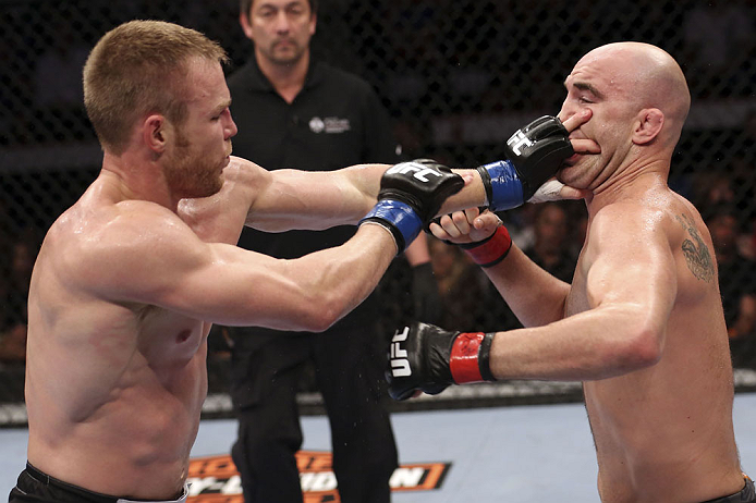 CALGARY, CANADA - JULY 21: (L-R) James Head puts his hands to the face of Brian Ebersole during their welterweight bout at UFC 149 inside the Scotiabank Saddledome on July 21, 2012 in Calgary, Alberta, Canada. (Photo by Nick Laham/Zuffa LLC/Zuffa LLC via