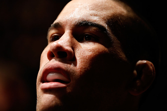 LONDON, ENGLAND - FEBRUARY 16: James Te Huna prepares to enter the Octagon before his light heavyweight fight against Ryan Jimmo during the UFC on Fuel TV event on February 16, 2013 at Wembley Arena in London, England. (Photo by Josh Hedges/Zuffa LLC/Zu
