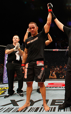 LONDON, ENGLAND - FEBRUARY 16: James Te Huna reacts after defeating Ryan Jimmo in their light heavyweight fight during the UFC on Fuel TV event on February 16, 2013 at Wembley Arena in London, England. (Photo by Josh Hedges/Zuffa LLC/Zuffa LLC via Getty