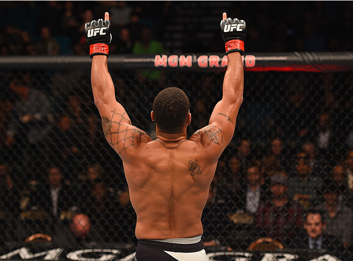 LAS VEGAS, NV - JANUARY 02: Abel Trujillo reacts to his victory over Tony Sims in their lightweight bout during the UFC 195 event inside MGM Grand Garden Arena on January 2, 2016 in Las Vegas, Nevada. (Photo by Josh Hedges/Zuffa LLC/Zuffa LLC via Getty