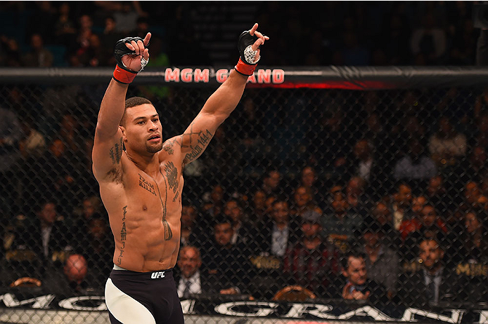 LAS VEGAS, NV - JANUARY 02: Abel Trujillo reacts to his victory over Tony Sims in their lightweight bout during the UFC 195 event inside MGM Grand Garden Arena on January 2, 2016 in Las Vegas, Nevada. (Photo by Josh Hedges/Zuffa LLC/Zuffa LLC via Getty