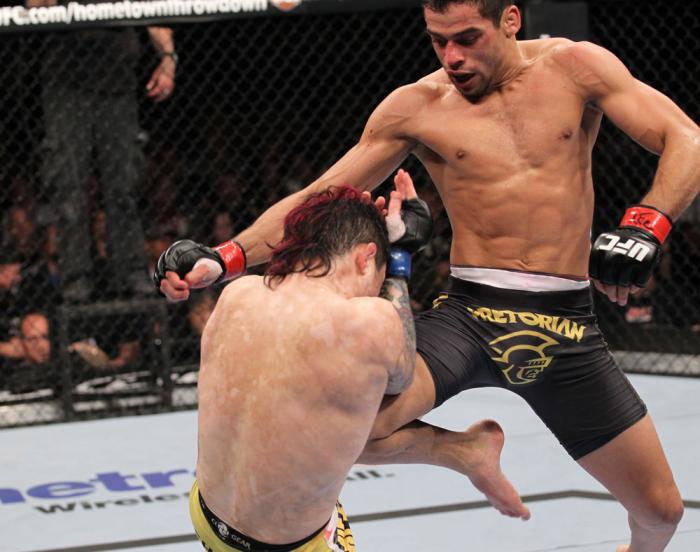 LAS VEGAS, NV - FEBRUARY 04: Renan Barao (right) knees Scott Jorgensen during the UFC 143 event at Mandalay Bay Events Center on February 4, 2012 in Las Vegas, Nevada. (Photo by Nick Laham/Zuffa LLC/Zuffa LLC via Getty Images) *** Local Caption *** Rena