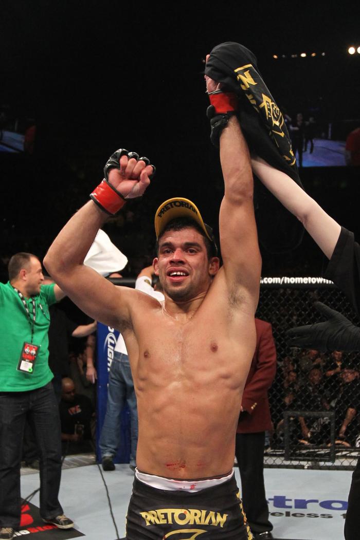 LAS VEGAS, NV - FEBRUARY 04: Renan Barao is declared the winner in his fight against Scott Jorgensen during the UFC 143 event at Mandalay Bay Events Center on February 4, 2012 in Las Vegas, Nevada. (Photo by Nick Laham/Zuffa LLC/Zuffa LLC via Getty Imag