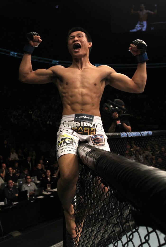 TORONTO, ON - DECEMBER 10: "The Korean Zombie" Chan Sung Jung reacts after knocking out Mark Hominick during the UFC 140 event at Air Canada Centre on December 10, 2011 in Toronto, Ontario, Canada. (Photo by Nick Laham/Zuffa LLC/Zuffa LLC via Getty Imag