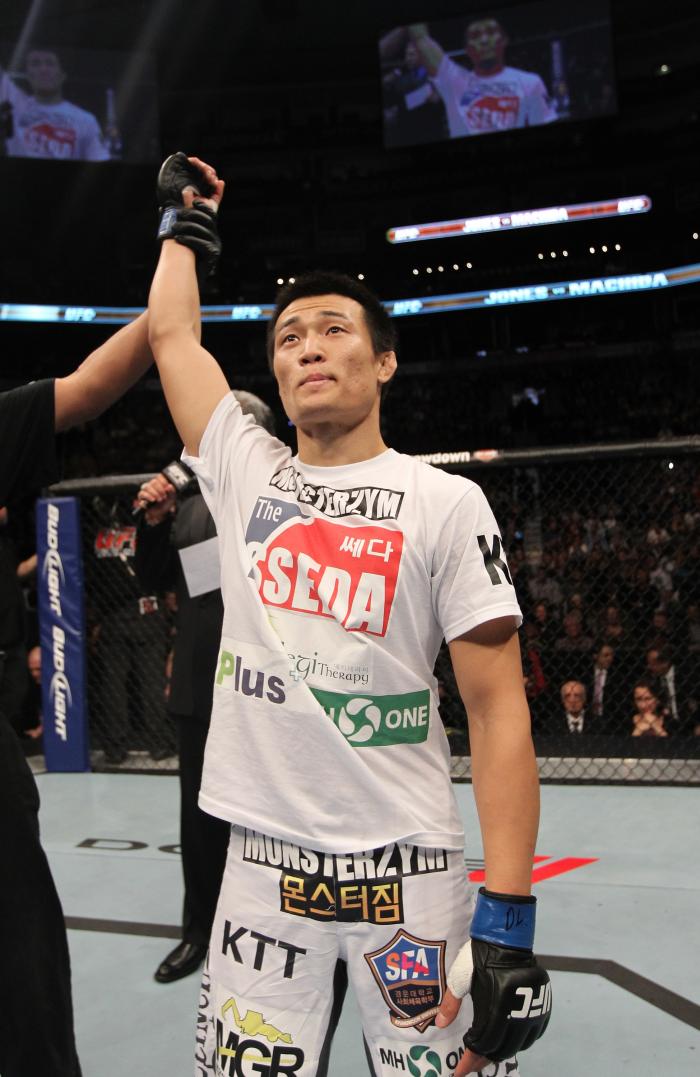 TORONTO, ON - DECEMBER 10: "The Korean Zombie" Chan Sung Jung reacts after knocking out Mark Hominick during the UFC 140 event at Air Canada Centre on December 10, 2011 in Toronto, Ontario, Canada. (Photo by Nick Laham/Zuffa LLC/Zuffa LLC via Getty Imag