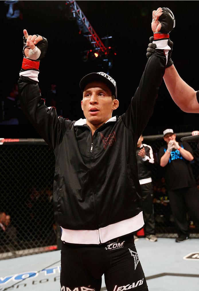 BELO HORIZONTE, BRAZIL - SEPTEMBER 04: Joseph Benavidez reacts after his knockout victory over Jussier Formiga in the flyweight fight during the UFC on FOX Sports 1 event at Mineirinho Arena on September 4, 2013 in Belo Horizonte, Brazil. (Photo by Josh