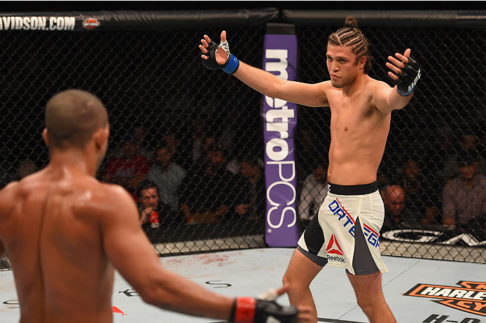 LAS VEGAS, NV - JANUARY 02: (R-L) Brian Ortega and Diego Brandao of Brazil face off in their featherweight bout during the UFC 195 event inside MGM Grand Garden Arena on January 2, 2016 in Las Vegas, Nevada. (Photo by Josh Hedges/Zuffa LLC/Zuffa LLC via