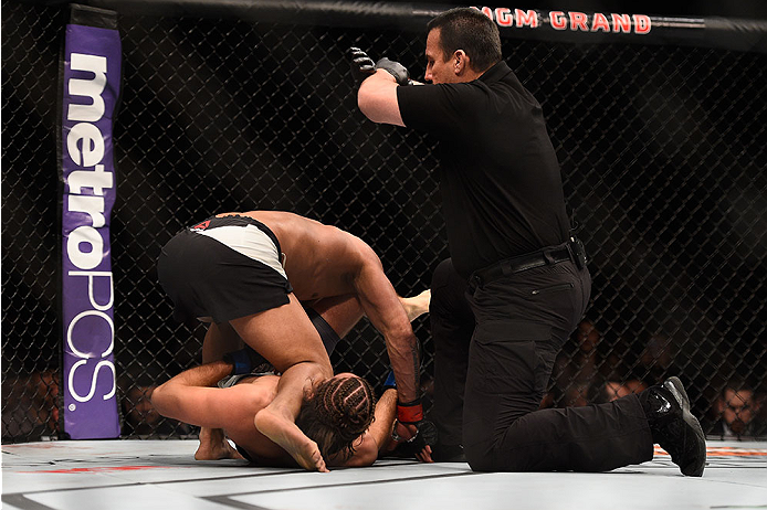 LAS VEGAS, NV - JANUARY 02: Brian Ortega (bottom) submits Diego Brandao of Brazil (top) in their featherweight bout during the UFC 195 event inside MGM Grand Garden Arena on January 2, 2016 in Las Vegas, Nevada. (Photo by Jeff Bottari/Zuffa LLC/Zuffa LLC
