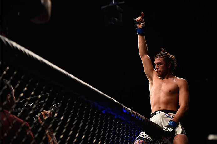 LAS VEGAS, NV - JANUARY 02: Brian Ortega reacts to his victory over Diego Brandao of Brazil in their featherweight bout during the UFC 195 event inside MGM Grand Garden Arena on January 2, 2016 in Las Vegas, Nevada. (Photo by Jeff Bottari/Zuffa LLC/Zuff