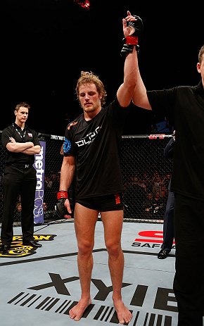 LONDON, ENGLAND - FEBRUARY 16: Gunnar Nelson reacts after defeating Jorge Santiago in their welterweight fight during the UFC on Fuel TV event on February 16, 2013 at Wembley Arena in London, England. (Photo by Josh Hedges/Zuffa LLC/Zuffa LLC via Getty
