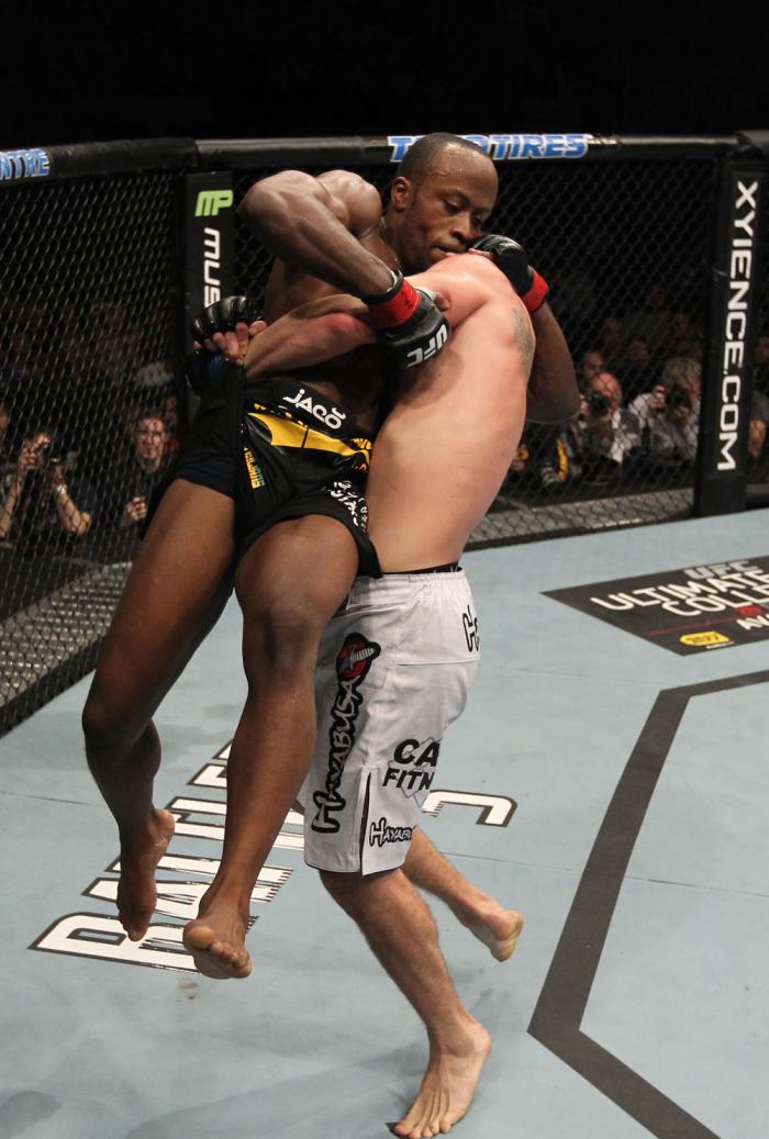 TORONTO, ON - DECEMBER 10: (R-L) Brian Ebersole prepares to slam Claude Patrick to the mat during the UFC 140 event at Air Canada Centre on December 10, 2011 in Toronto, Ontario, Canada. (Photo by Nick Laham/Zuffa LLC/Zuffa LLC via Getty Images)