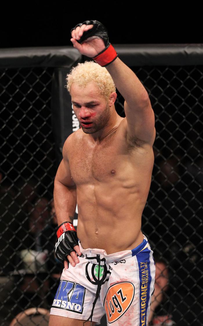LAS VEGAS, NV - FEBRUARY 04: Josh Koscheck reacts to his victory over Mike Pierce during the UFC 143 event at Mandalay Bay Events Center on February 4, 2012 in Las Vegas, Nevada. (Photo by Nick Laham/Zuffa LLC/Zuffa LLC via Getty Images) *** Local Capti