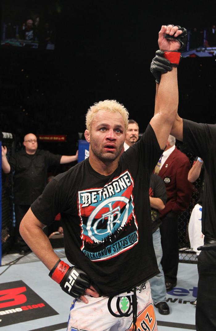 LAS VEGAS, NV - FEBRUARY 04: Josh Koscheck is declared the winner in his fight against Mike Pierce during the UFC 143 event at Mandalay Bay Events Center on February 4, 2012 in Las Vegas, Nevada. (Photo by Nick Laham/Zuffa LLC/Zuffa LLC via Getty Images