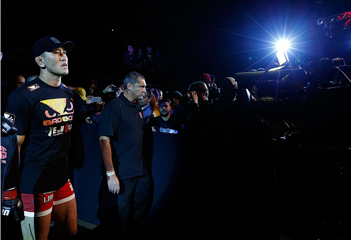 BELO HORIZONTE, BRAZIL - SEPTEMBER 04: Yushin Okami enters the arena before his middleweight fight against Ronaldo "Jacare" Souza during the UFC on FOX Sports 1 event at Mineirinho Arena on September 4, 2013 in Belo Horizonte, Brazil. (Photo by Josh Hedg