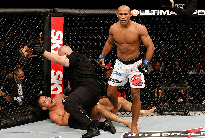 BELO HORIZONTE, BRAZIL - SEPTEMBER 04: Ronaldo "Jacare" Souza reacts after knocking out Yushin Okami in their middleweight fight during the UFC on FOX Sports 1 event at Mineirinho Arena on September 4, 2013 in Belo Horizonte, Brazil. (Photo by Josh Hedge