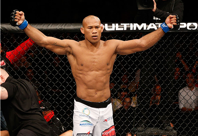 BELO HORIZONTE, BRAZIL - SEPTEMBER 04: Ronaldo "Jacare" Souza reacts after knocking out Yushin Okami in their middleweight fight during the UFC on FOX Sports 1 event at Mineirinho Arena on September 4, 2013 in Belo Horizonte, Brazil. (Photo by Josh Hedge