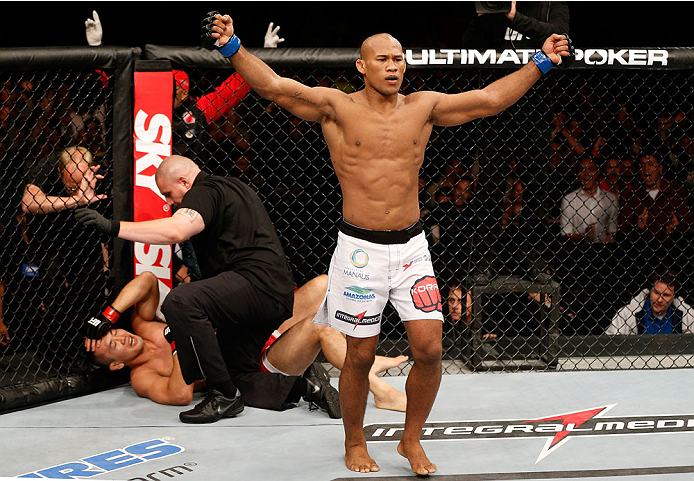 BELO HORIZONTE, BRAZIL - SEPTEMBER 04: Ronaldo "Jacare" Souza reacts after knocking out Yushin Okami in their middleweight fight during the UFC on FOX Sports 1 event at Mineirinho Arena on September 4, 2013 in Belo Horizonte, Brazil. (Photo by Josh Hedge