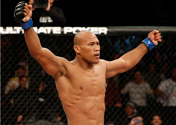 BELO HORIZONTE, BRAZIL - SEPTEMBER 04: Ronaldo "Jacare" Souza reacts after knocking out Yushin Okami in their middleweight fight during the UFC on FOX Sports 1 event at Mineirinho Arena on September 4, 2013 in Belo Horizonte, Brazil. (Photo by Josh Hedge
