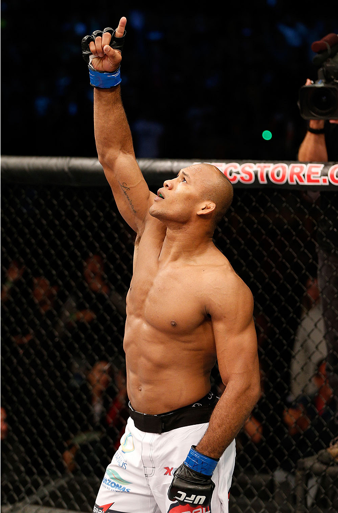 BELO HORIZONTE, BRAZIL - SEPTEMBER 04: Ronaldo "Jacare" Souza reacts after knocking out Yushin Okami in their middleweight fight during the UFC on FOX Sports 1 event at Mineirinho Arena on September 4, 2013 in Belo Horizonte, Brazil. (Photo by Josh Hedge