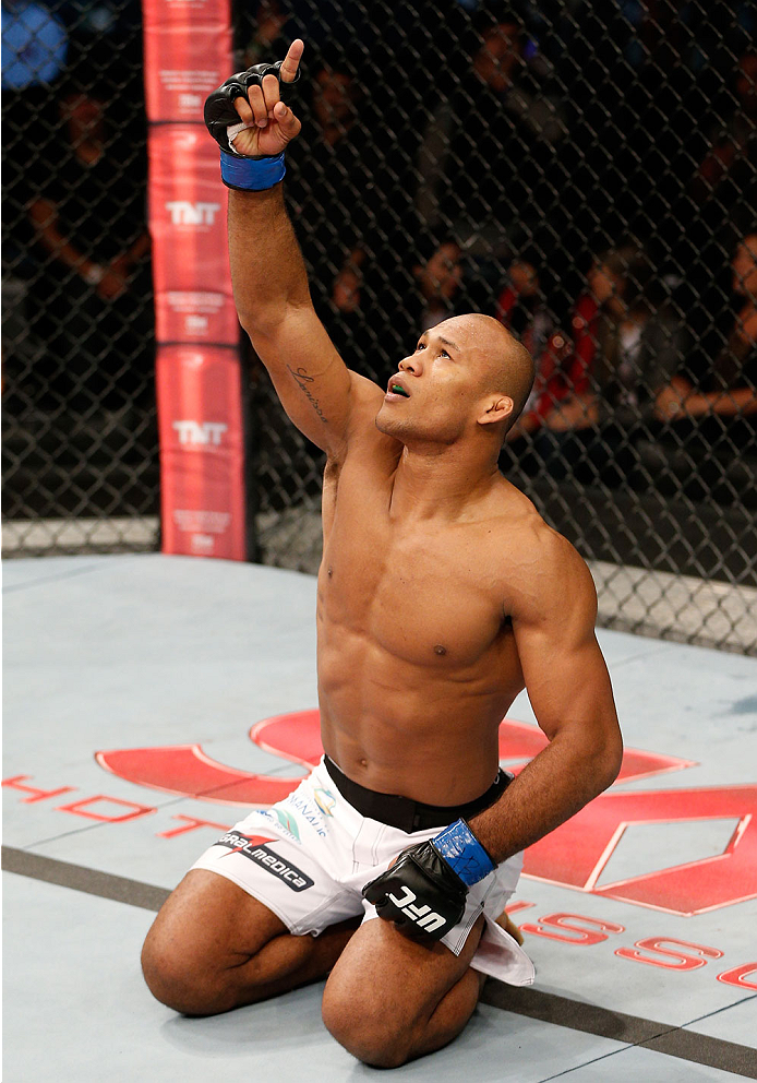 BELO HORIZONTE, BRAZIL - SEPTEMBER 04: Ronaldo "Jacare" Souza reacts after knocking out Yushin Okami in their middleweight fight during the UFC on FOX Sports 1 event at Mineirinho Arena on September 4, 2013 in Belo Horizonte, Brazil. (Photo by Josh Hedge