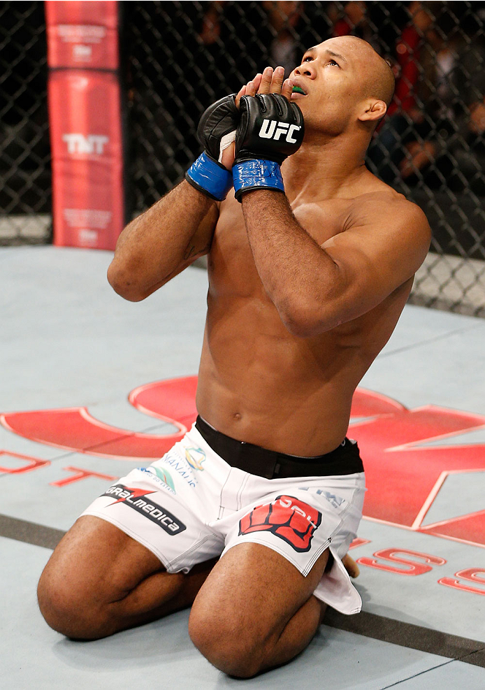 BELO HORIZONTE, BRAZIL - SEPTEMBER 04: Ronaldo "Jacare" Souza reacts after knocking out Yushin Okami in their middleweight fight during the UFC on FOX Sports 1 event at Mineirinho Arena on September 4, 2013 in Belo Horizonte, Brazil. (Photo by Josh Hedge
