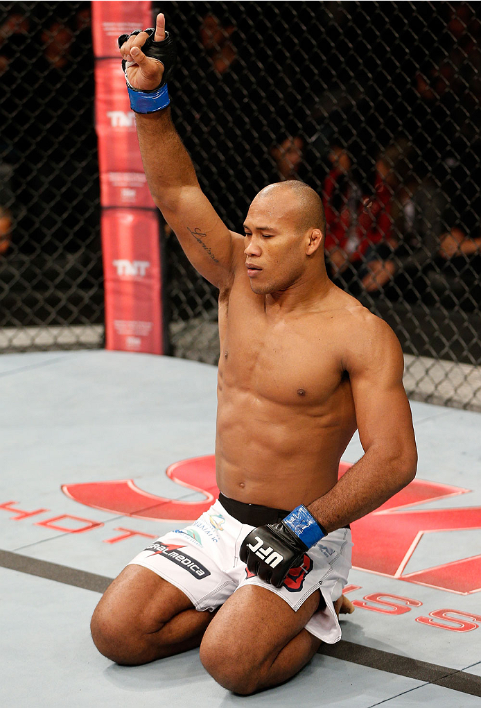 BELO HORIZONTE, BRAZIL - SEPTEMBER 04: Ronaldo "Jacare" Souza reacts after knocking out Yushin Okami in their middleweight fight during the UFC on FOX Sports 1 event at Mineirinho Arena on September 4, 2013 in Belo Horizonte, Brazil. (Photo by Josh Hedge
