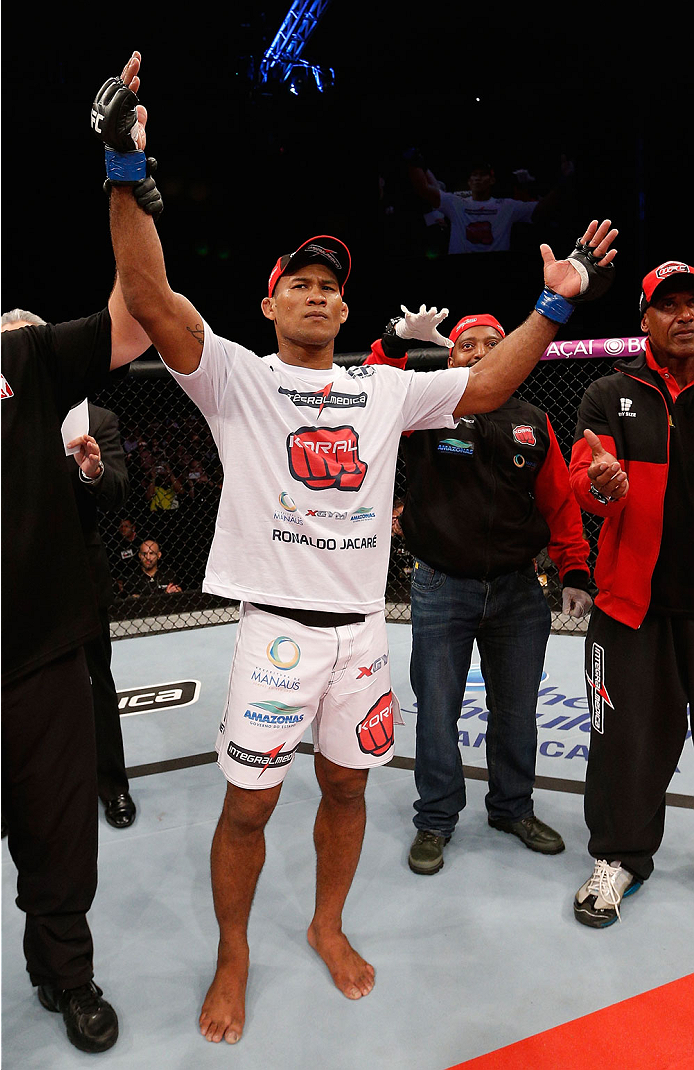 BELO HORIZONTE, BRAZIL - SEPTEMBER 04: Ronaldo "Jacare" Souza reacts after knocking out Yushin Okami in their middleweight fight during the UFC on FOX Sports 1 event at Mineirinho Arena on September 4, 2013 in Belo Horizonte, Brazil. (Photo by Josh Hedge