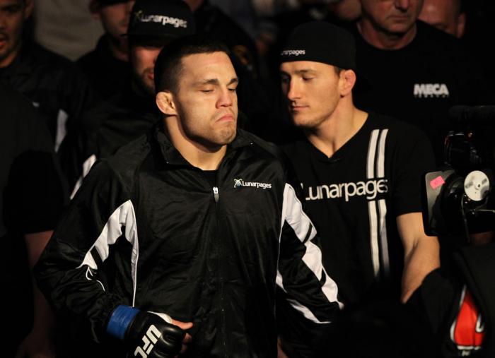 OMAHA, NE - FEBRUARY 15: Jake Ellenberger enters the arena before his bout against Diego Sanchez during the UFC on FUEL TV event at Omaha Civic Auditorium on February 15, 2012 in Omaha, Nebraska. (Photo by Josh Hedges/Zuffa LLC/Zuffa LLC via Getty Image