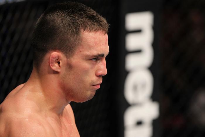 OMAHA, NE - FEBRUARY 15: Jake Ellenberger stands in the Octagon before the third round of his bout against Diego Sanchez during the UFC on FUEL TV event at Omaha Civic Auditorium on February 15, 2012 in Omaha, Nebraska. (Photo by Josh Hedges/Zuffa LLC/Z