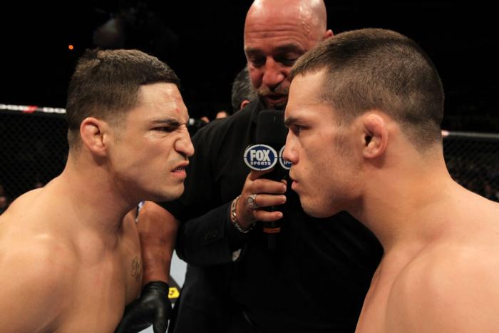OMAHA, NE - FEBRUARY 15: Opponents Diego Sanchez (L) and Jake Ellenberger (R) face off before their main event bout during the UFC on FUEL TV event at Omaha Civic Auditorium on February 15, 2012 in Omaha, Nebraska. (Photo by Josh Hedges/Zuffa LLC/Zuffa