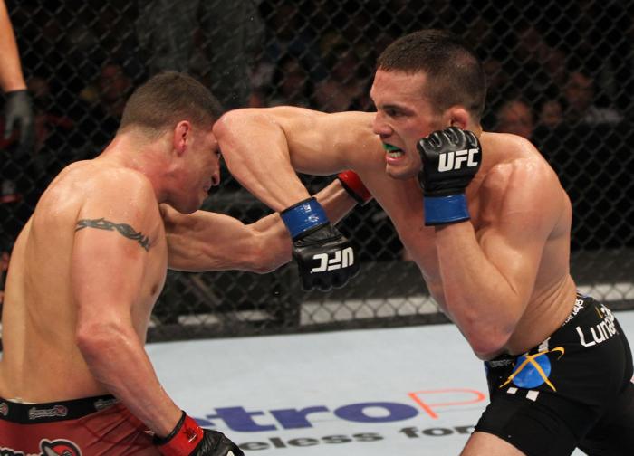 OMAHA, NE - FEBRUARY 15: (R-L) Jake Ellenberger elbows Diego Sanchez during the UFC on FUEL TV event at Omaha Civic Auditorium on February 15, 2012 in Omaha, Nebraska. (Photo by Josh Hedges/Zuffa LLC/Zuffa LLC via Getty Images) *** Local Caption *** Jak