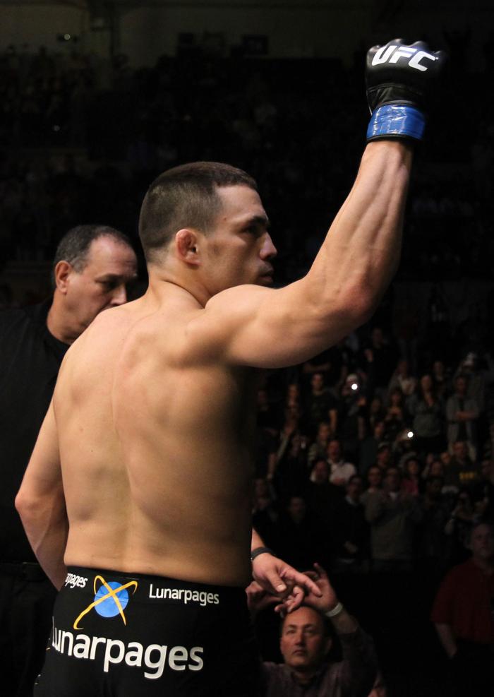 OMAHA, NE - FEBRUARY 15: Jake Ellenberger salutes his hometown crowd before his bout against Diego Sanchez during the UFC on FUEL TV event at Omaha Civic Auditorium on February 15, 2012 in Omaha, Nebraska. (Photo by Josh Hedges/Zuffa LLC/Zuffa LLC via G